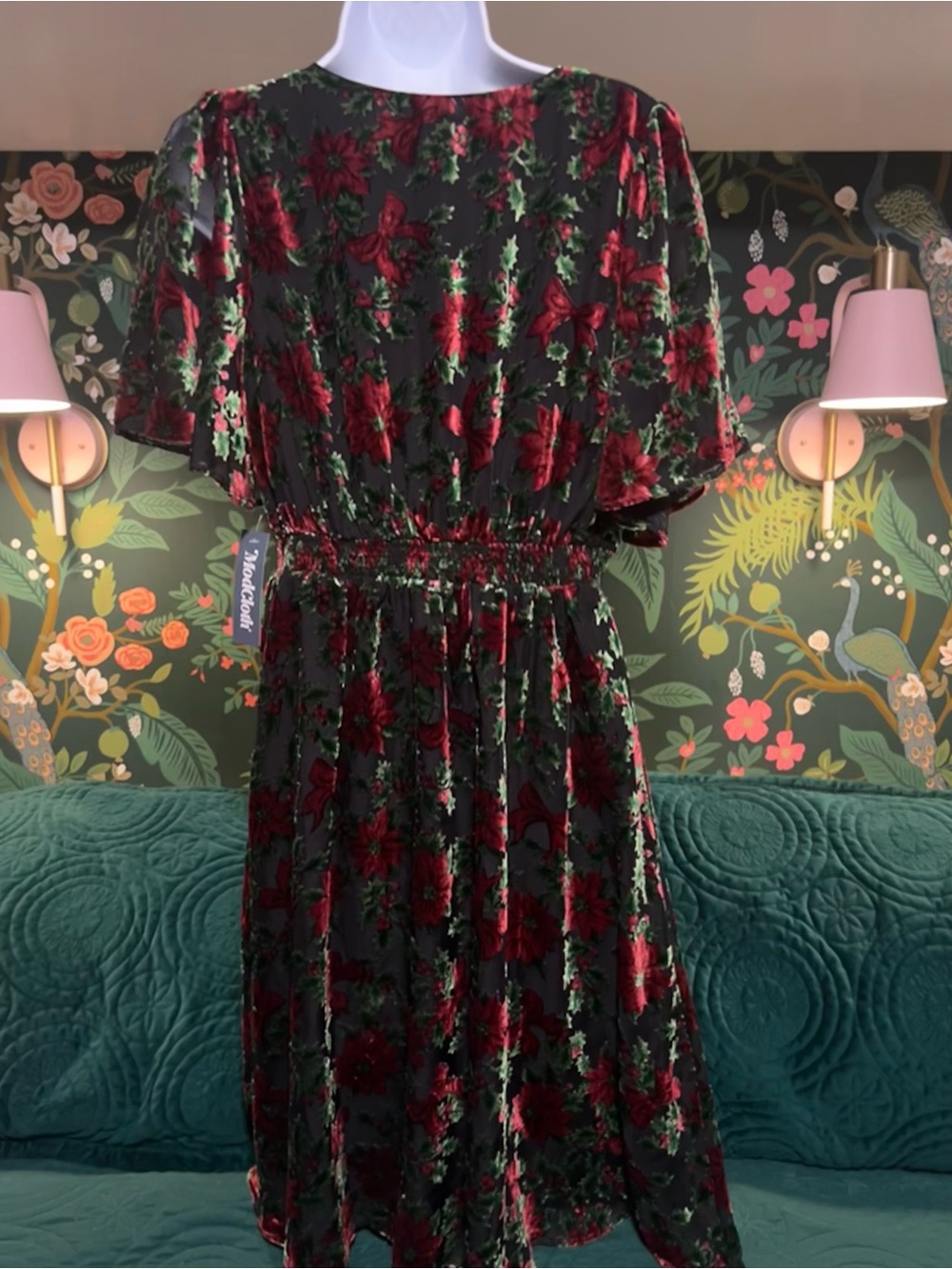 ModCloth Black Midi Dress with Red Floral Pattern - Picture 2 of 12